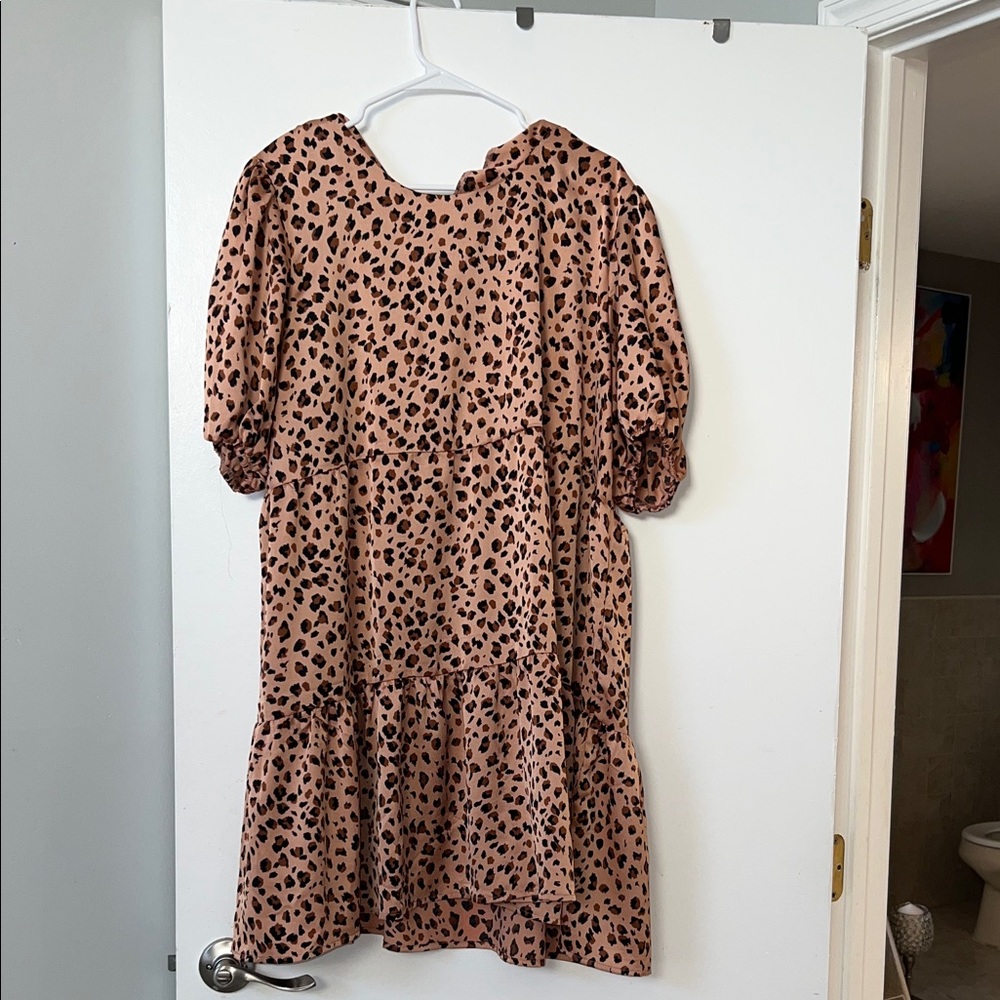 Leopard Print Tiered Puff Sleeve Dress - Blush Brown